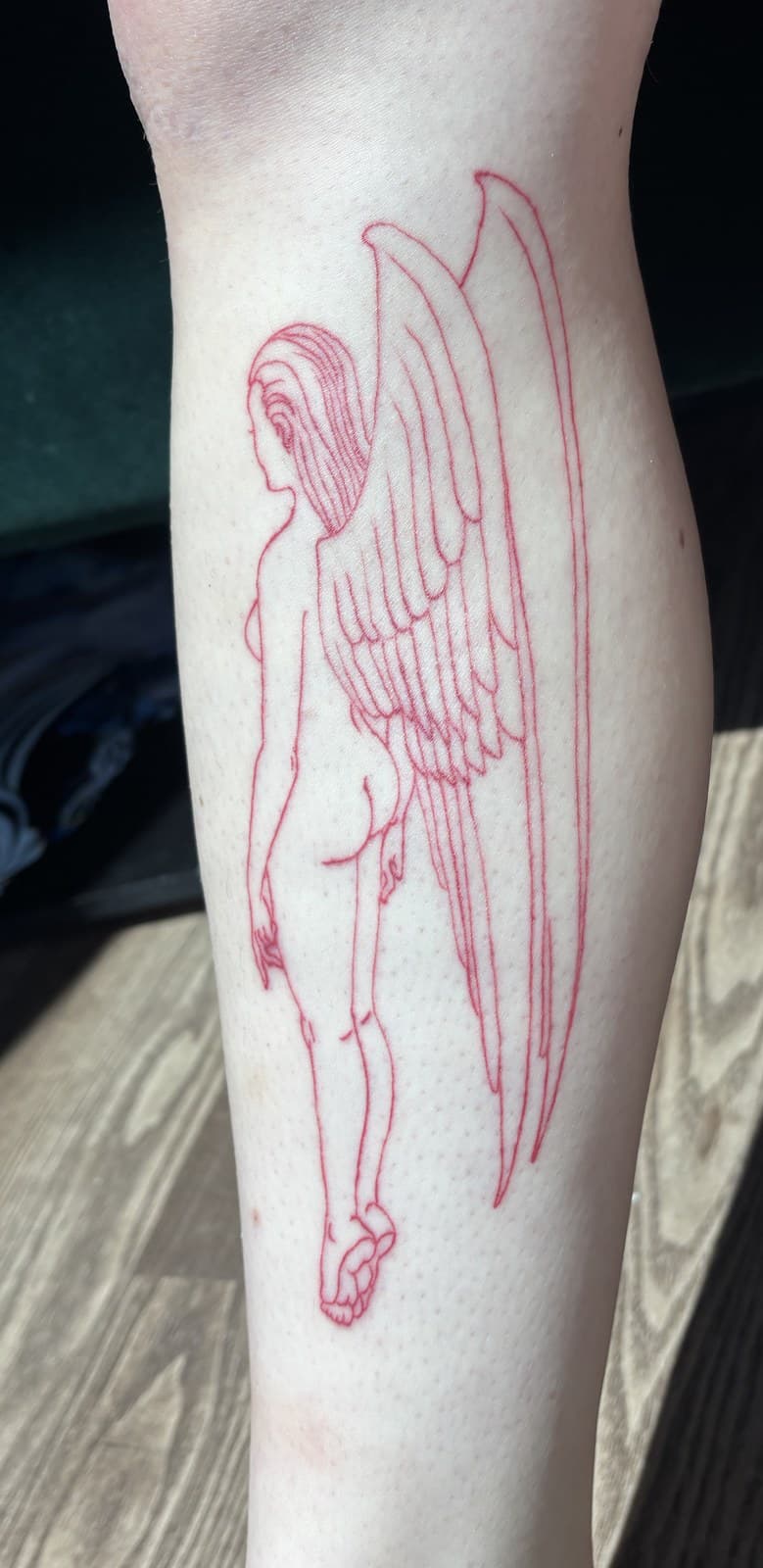 angel leg tattoo by Taetyn Panagos