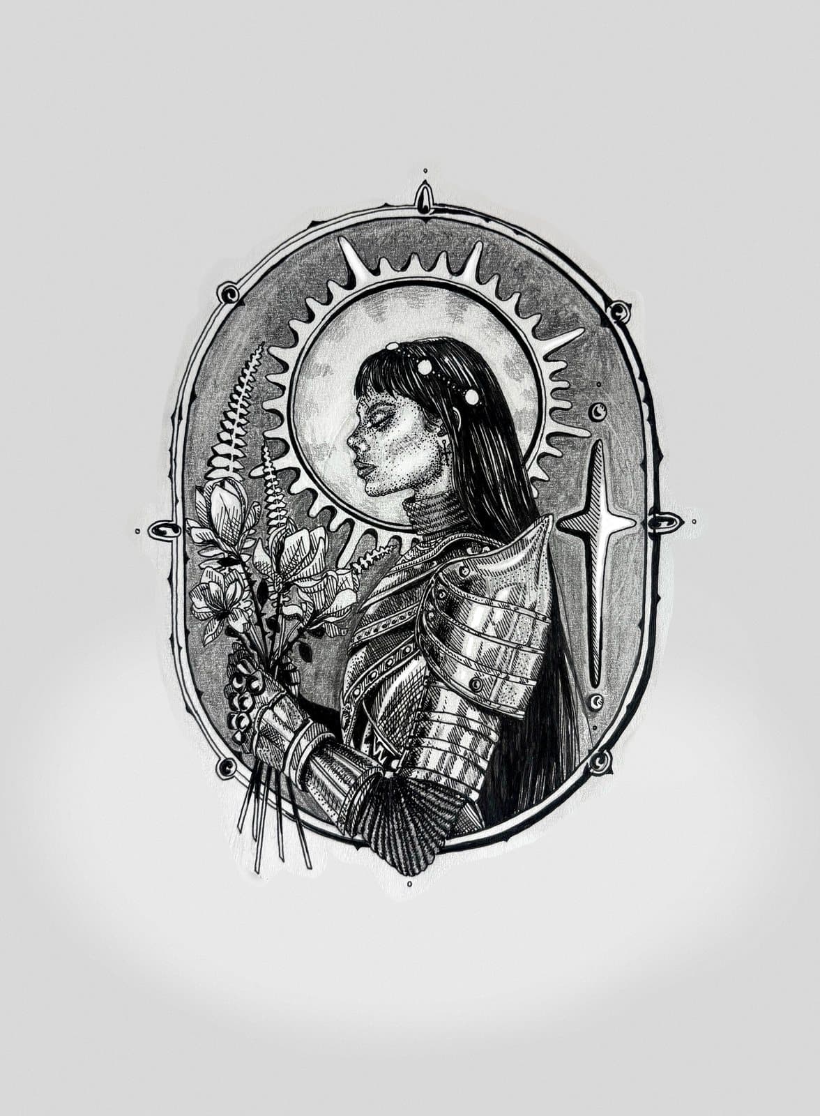 Armored Saint, pen and graphite on paper